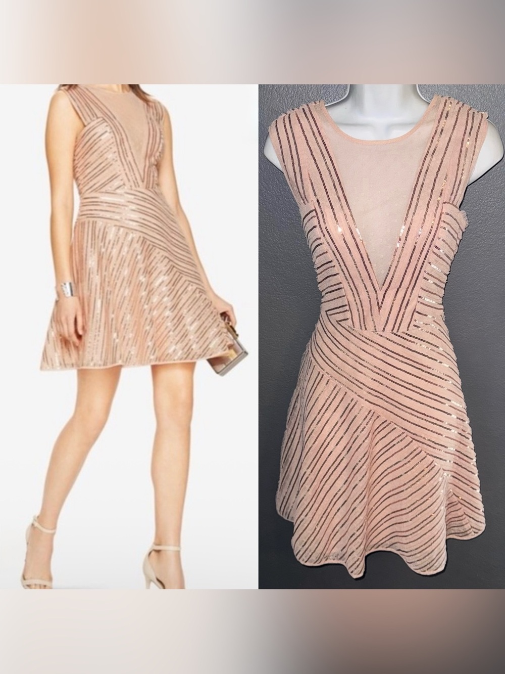 BCBGMAXAZRIA New w $398 Tags Aniya Light Pink Cameo Sequin Dress Small 4